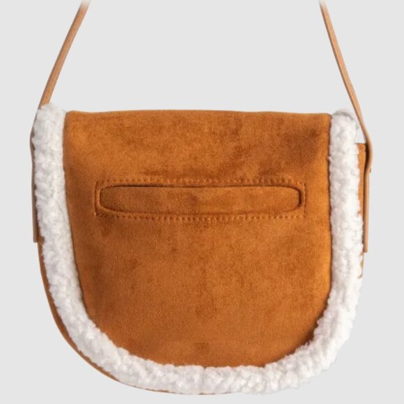 BEARPAW Shearling Sherpa Trim Small Crossbody Saddle Bag Hickory Brown NEW - Picture 3 of 6